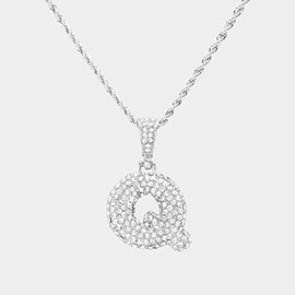 -Q- Rhinestone Initial Monogram Pendant Brass Chain Necklace