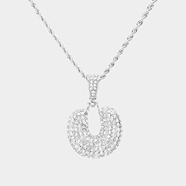 -U- Rhinestone Initial Monogram Pendant Brass Chain Necklace