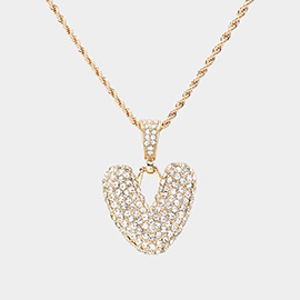 -V- Rhinestone Initial Monogram Pendant Brass Chain Necklace