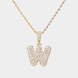 -W- Rhinestone Initial Monogram Pendant Brass Chain Necklace