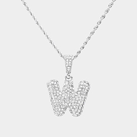-W- Rhinestone Initial Monogram Pendant Brass Chain Necklace
