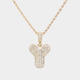 -Y- Rhinestone Initial Monogram Pendant Brass Chain Necklace