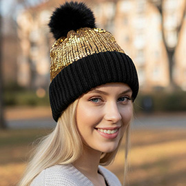 Sequin Embellished Pom Pom Beanie Hat