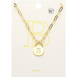 -B- Brass Metal Initial Monogram Lock Pendant Necklace