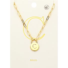 -C- Brass Metal Initial Monogram Lock Pendant Necklace