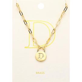 -D- Brass Metal Initial Monogram Lock Pendant Necklace