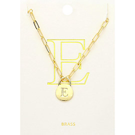 -E- Brass Metal Initial Monogram Lock Pendant Necklace