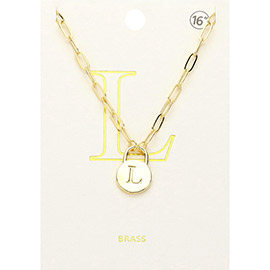 -L- Brass Metal Initial Monogram Lock Pendant Necklace