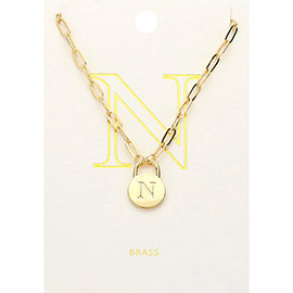 -N- Brass Metal Initial Monogram Lock Pendant Necklace