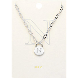 -N- Brass Metal Initial Monogram Lock Pendant Necklace