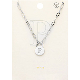 -P- Brass Metal Initial Monogram Lock Pendant Necklace