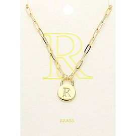 -R- Brass Metal Initial Monogram Lock Pendant Necklace