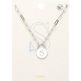 -S- Brass Metal Initial Monogram Lock Pendant Necklace