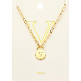 -V- Brass Metal Initial Monogram Lock Pendant Necklace