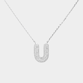 -U- White Gold Dipped CZ Initial Monogram Pendant Necklace