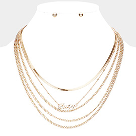 Cuty Pendant Multi Layered Metal Chain Bib Message Necklace