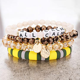 4PCS - ALL CALM Natural Stone Metal Disc Charm Layered Bracelets