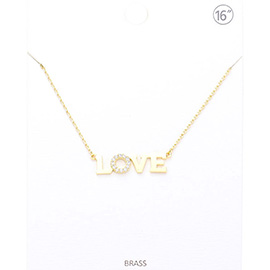 LOVE Rhinestone Embellished Brass Metal Message Pendant Necklace
