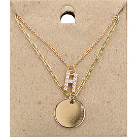 -H- Rhinestone Initial Initial Monogram Metal Disc Pendant Double Layered Necklace