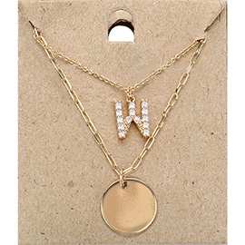 -W- Rhinestone Initial Monogram Metal Disc Pendant Double Layered Necklace