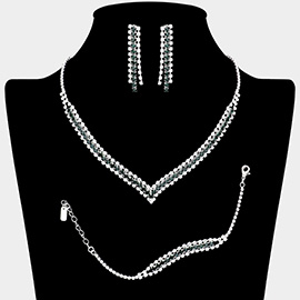 3PCS - Round Stone Detail Rhinestone Necklace Jewelry Set