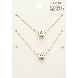 2PCS - -A- Initial Monogram Metal Cube Pendant Necklace / Bracelet Set