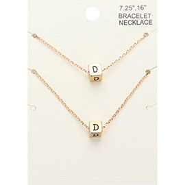 2PCS - -D- Initial Monogram Metal Cube Pendant Necklace / Bracelet Set
