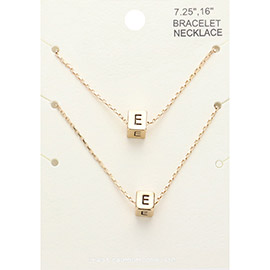 2PCS - -E- Initial Monogram Metal Cube Pendant Necklace / Bracelet Set