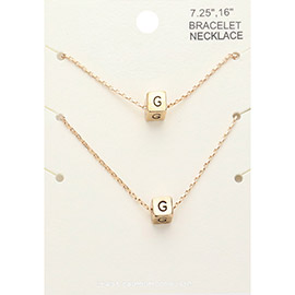 2PCS - -G- Initial Monogram Metal Cube Pendant Necklace / Bracelet Set