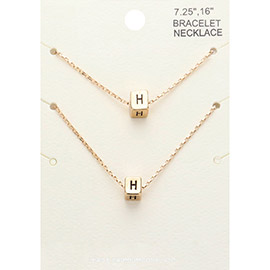 2PCS - -H- Initial Monogram Metal Cube Pendant Necklace / Bracelet Set