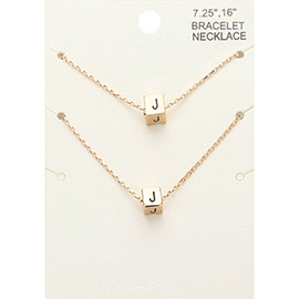 2PCS - -J- Initial Monogram Metal Cube Pendant Necklace / Bracelet Set