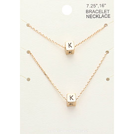 2PCS - -K- Initial Monogram Metal Cube Pendant Necklace / Bracelet Set