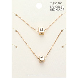 2PCS - -M- Initial Monogram Metal Cube Pendant Necklace / Bracelet Set