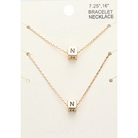 2PCS - -N- Initial Monogram Metal Cube Pendant Necklace / Bracelet Set