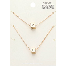 2PCS - -P- Initial Monogram Metal Cube Pendant Necklace / Bracelet Set