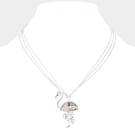 Abalone Metal Flamingo Pendant Triple Chain Layered Necklace