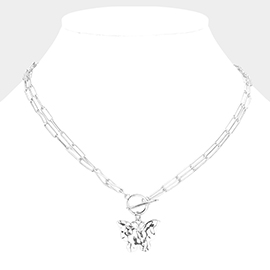 Hammered Metal Butterfly Pendant Double Layered Toggle Necklace