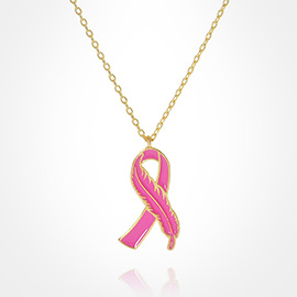 Gold Dipped Enamel Feather Detailed Pink Ribbon Pendant Necklace
