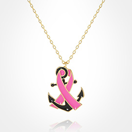 Gold Dipped Enamel Anchor Pink Ribbon Pendant Necklace
