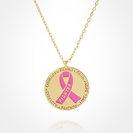 Gold Dipped Enamel Pink Ribbon Accented Metal Disc Pendant Necklace