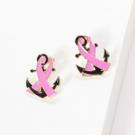 Gold Dipped Enamel Anchor Pink Ribbon Stud Earrings