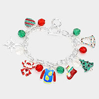 Candy Cane Christmas Tree Heart Jingle Bell Charm Station Toggle Bracelet