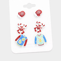 3Pairs - Glittered Glove Candy Cane Cloth Stud Earrings