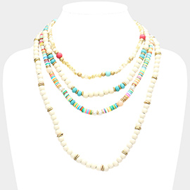 Multi Layered Wood Heishi Beaded Bib Necklace