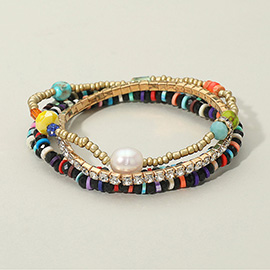 4PCS - Freshwater Pearl Accented Heishi Faceted Beaded Stretch Bracelets