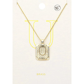 -U- Brass Metal Rectangle Initial Monogram Pendant Necklace