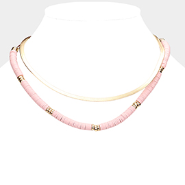 Metal Chain Heishi Beaded Double Layered Necklace