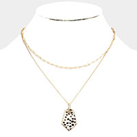 Cheetah Patterned Genuine Leather Angled Pendant Double Layered Necklace