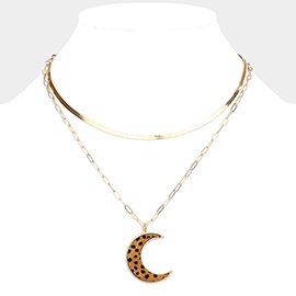 Cheetah Patterned Genuine Leather Crescent Moon Pendant Double Layered Necklace