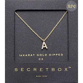-A- Secret Box _ 14K Gold Dipped CZ Initial Monogram Pendant Necklace